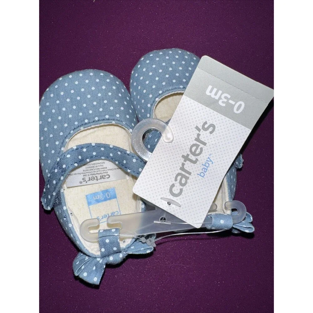 Carter's Size 0-3 months Baby Girl crib Shoes Blue Polka Dot With Bows New